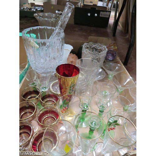 96 - FOUR TRAYS OF ASSORTED GLASSWARE TO INCLUDE CUT GLASS VASES ETC