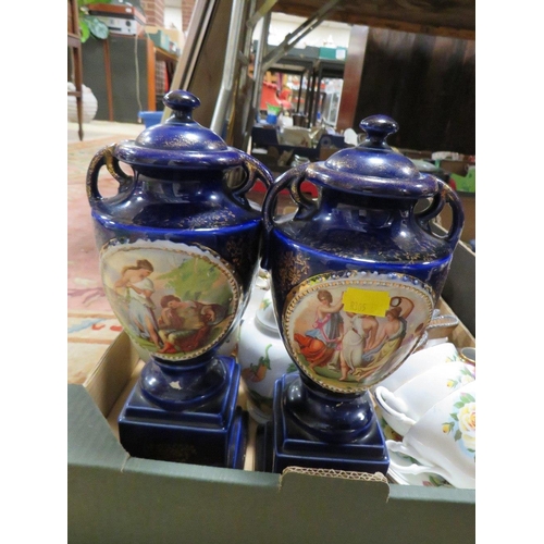 98 - FOUR TRAYS OF ASSORTED CERAMICS TO INCLUDE VASES, WADE, BESWICK FOWL ETC