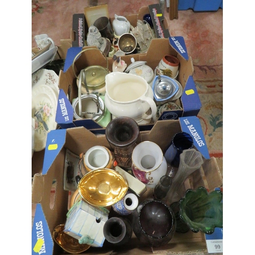 99 - A LARGE QUANTITY OF ASSORTED CERAMICS AND GLASS WARE OVER SEVERAL TRAYS