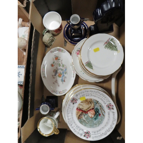 199 - THREE TRAYS OF ASSORTED CERAMICS TO INCLUDE GOEBEL COMPORT, SPODE CHRISTMAS TREE TEA POT ETC