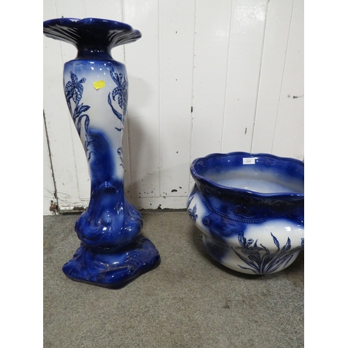 205 - A LARGE BLUE/WHITE ORNATE CERAMIC JARDINIAIRE HEIGHT APPROX 88CM