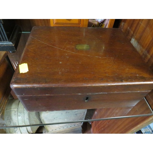 222 - A WOODEN MONEY BANK DATED 1881 TOGETHER WITH TWO WOODEN / JEWELLERY BOXES AND A MIRRORED TRAY (4)