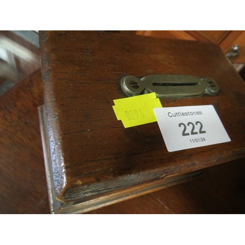 222 - A WOODEN MONEY BANK DATED 1881 TOGETHER WITH TWO WOODEN / JEWELLERY BOXES AND A MIRRORED TRAY (4)