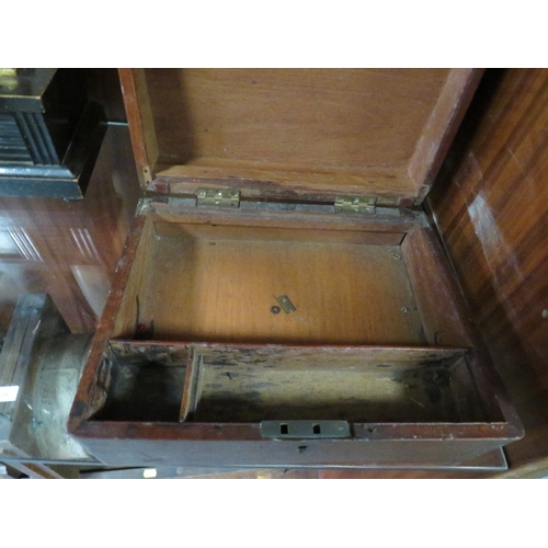 222 - A WOODEN MONEY BANK DATED 1881 TOGETHER WITH TWO WOODEN / JEWELLERY BOXES AND A MIRRORED TRAY (4)