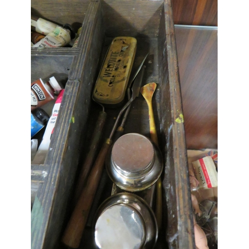 234 - A WOODEN CASED ARTISTS SET WITH WOODEN PALETTE AND CONTENTS