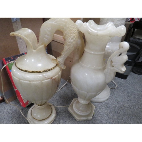 244 - A ALABASTER JARDINIAIRE HEIGHT APPROX 90CM TOGETHER TWO ONYX CONVERTED LAMPS