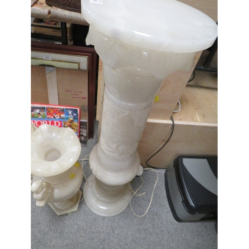 244 - A ALABASTER JARDINIAIRE HEIGHT APPROX 90CM TOGETHER TWO ONYX CONVERTED LAMPS