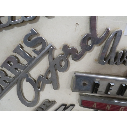 249 - A COLLECTION OF VINTAGE CAR BADGES MOUNTED ON A WOODEN BOARD