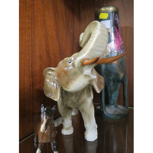 262 - A ROYAL DUX FIGURE OF AN ELEPHANT TOGETHER WITH A BESWICK FOWL AND AN UNUSUAL CONTINENT VASE WITH PA... 