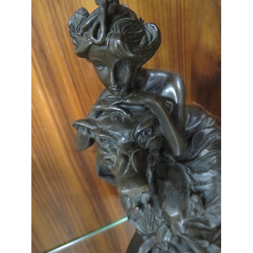 281 - A MODERN BRONZE FIGURE OF GIRL WITH DRAGON SIGNED MIRVAL