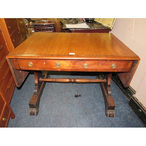 715 - A 19TH CENTURY CROSSBANDED MAHOGANY SOFA TABLE, with two frieze drawers, raised on shaped supports a... 