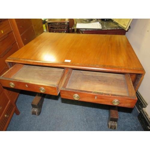 715 - A 19TH CENTURY CROSSBANDED MAHOGANY SOFA TABLE, with two frieze drawers, raised on shaped supports a... 