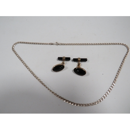 317 - A PAIR OF SILVER AND ONYX CUFFLINKS AND SILVER CURB LINK NECK CHAIN