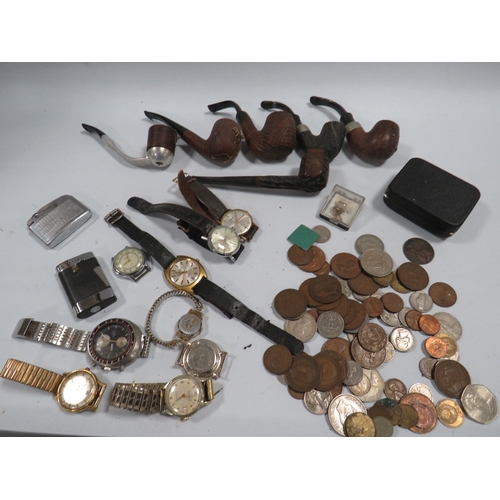 356 - A TRAY OF COLLECTABLE'S COMPRISING VINTAGE COINS, WATCHES, LIGHTERS ETC