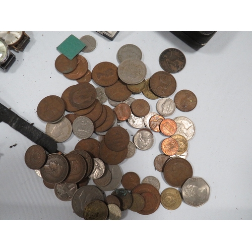 356 - A TRAY OF COLLECTABLE'S COMPRISING VINTAGE COINS, WATCHES, LIGHTERS ETC