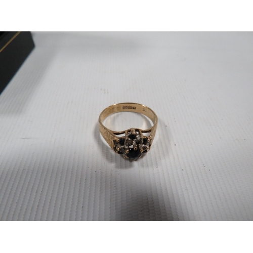 357 - A HALLMARKED 9 CARAT GOLD SAPPHIRE AND DIAMOND RING, 2.3g, ring size L 1/2