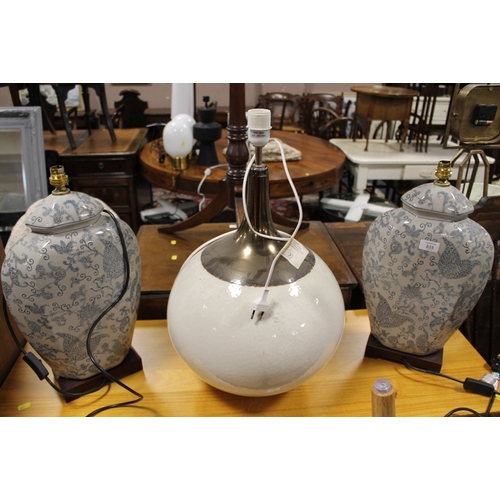 835 - A PAIR OF LARGE MODERN CERAMIC TABLE LAMPS TOGETHER WITH ANOTHER LARGE LAMP (3)