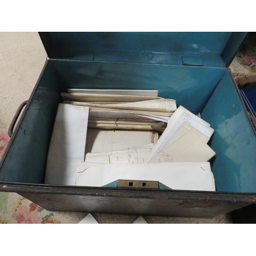 143 - VINTAGE DEED BOX WITH DEEDS, MAPS ETC TOGETHER WITH A TRAY OF EMPTY CIGARETTE CARDS