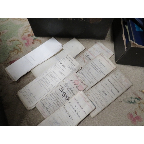 143 - VINTAGE DEED BOX WITH DEEDS, MAPS ETC TOGETHER WITH A TRAY OF EMPTY CIGARETTE CARDS