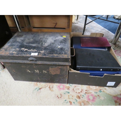 143 - VINTAGE DEED BOX WITH DEEDS, MAPS ETC TOGETHER WITH A TRAY OF EMPTY CIGARETTE CARDS