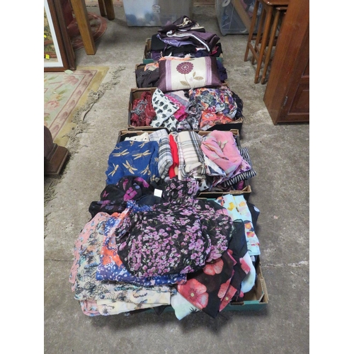 105 - FIVE TRAYS OF LADIES CLOTHING TO INCLUDE THREE BOXES OF SCARFS WITH TWO BOXES OF LABELLED CLOTHING