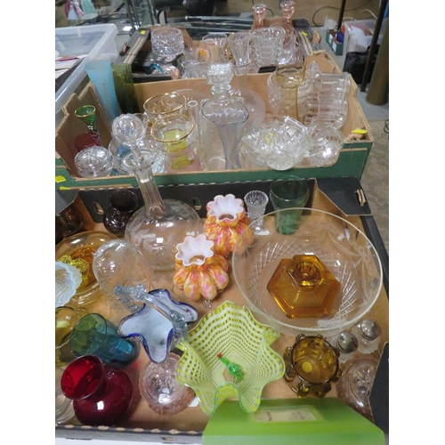 108 - THREE TRAYS OF ASSORTED GLASSWARE TO INCLUDE DECANTERS , VASES ETC