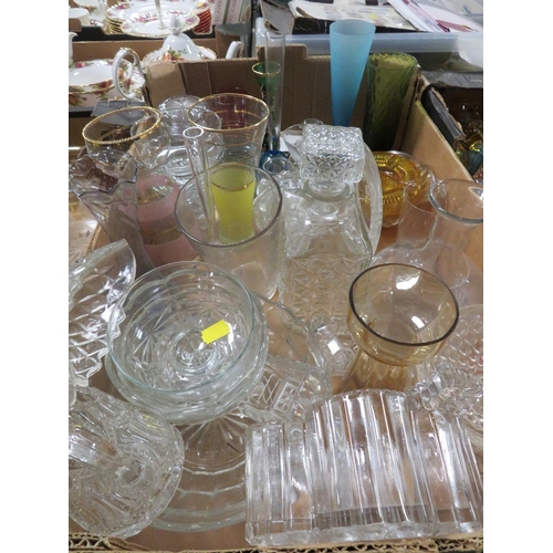 108 - THREE TRAYS OF ASSORTED GLASSWARE TO INCLUDE DECANTERS , VASES ETC