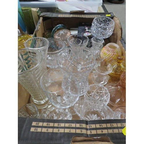 108 - THREE TRAYS OF ASSORTED GLASSWARE TO INCLUDE DECANTERS , VASES ETC