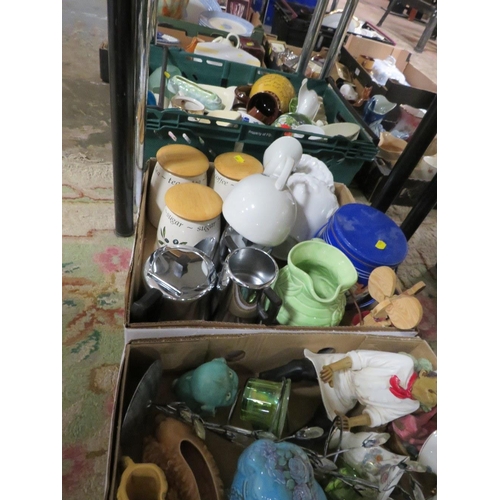 127 - THREE TRAYS OF ASSORTED CERAMICS ETC TO INCLUDE STORAGE JARS