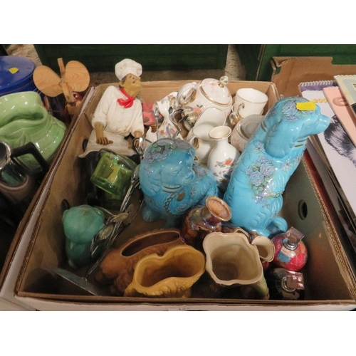 127 - THREE TRAYS OF ASSORTED CERAMICS ETC TO INCLUDE STORAGE JARS