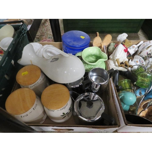 127 - THREE TRAYS OF ASSORTED CERAMICS ETC TO INCLUDE STORAGE JARS