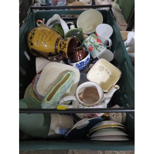 127 - THREE TRAYS OF ASSORTED CERAMICS ETC TO INCLUDE STORAGE JARS