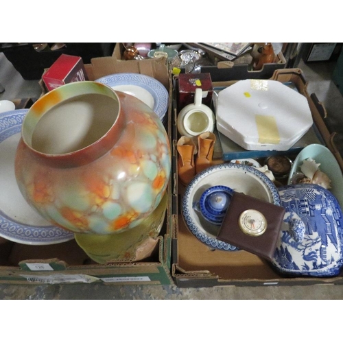 128 - TWO TRAYS OF ASSORTED CERAMICS AND SUNDRIES TO INCLUDE A DECORATIVE VASE