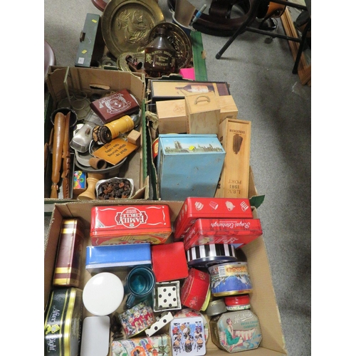 143 - FOUR TRAYS OF VINTAGE TINS, BRASS ETC