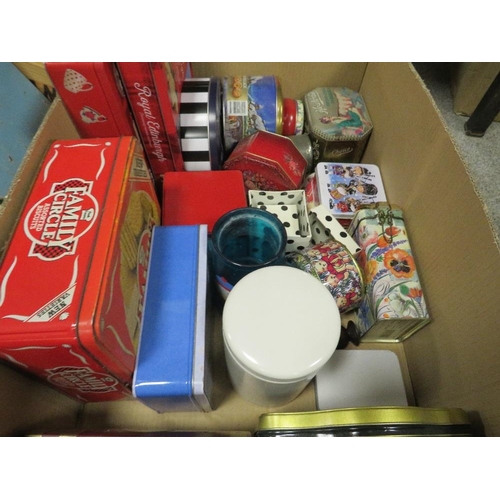 143 - FOUR TRAYS OF VINTAGE TINS, BRASS ETC