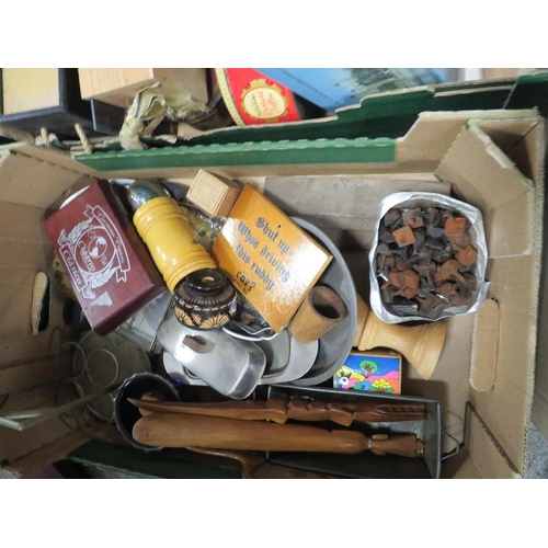 143 - FOUR TRAYS OF VINTAGE TINS, BRASS ETC