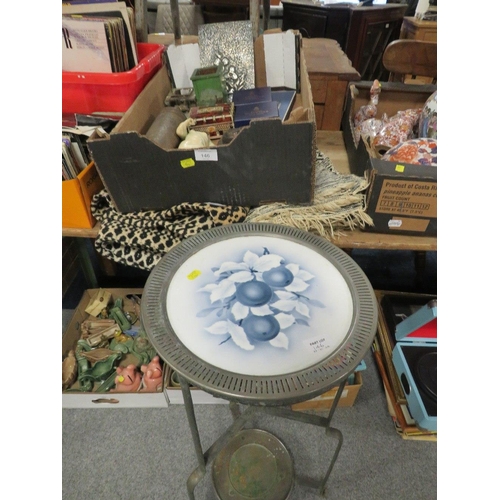 146 - A VINTAGE METAL WASHSTAND TOGETHER WITH A VINTAGE INDIAN THROW & A TRAY OF COLLECTABLES