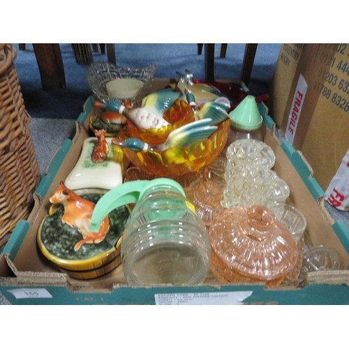 155 - A QUANTITY OF VINTAGE GLASS WARE , BUTTER DISHES ETC