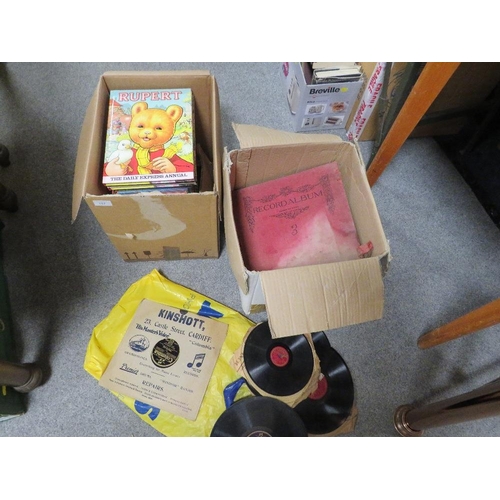 157 - TWO BOXES OF VINTAGE RUPERT ANNUALS ETC TOGETHER WITH A SMALL QUANTITY OF 78 RECORDS