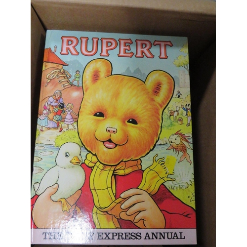 157 - TWO BOXES OF VINTAGE RUPERT ANNUALS ETC TOGETHER WITH A SMALL QUANTITY OF 78 RECORDS