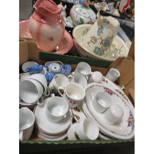 159 - FOUR TRAYS OF ASSORTED CERAMICS TO INCLUDE JUG AND BOWL SETS