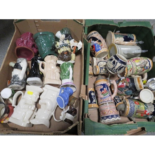 164 - TWO TRAYS OF ASSORTED BEER STEINS, CHARACTER JUGS ETC