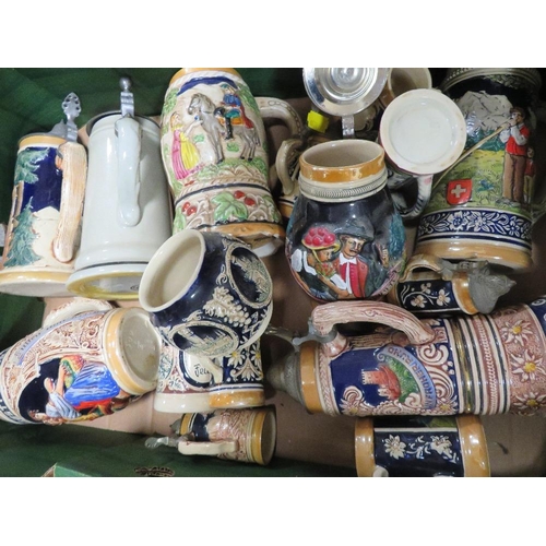 164 - TWO TRAYS OF ASSORTED BEER STEINS, CHARACTER JUGS ETC