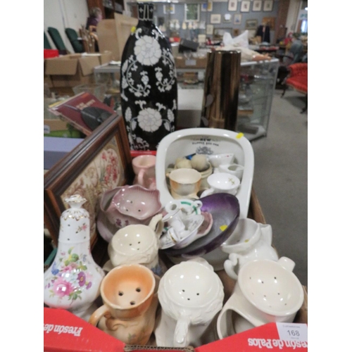 168 - A TRAY OF ASSORTED  CERAMICS TO INCLUDE SHAVING MUGS & ACCESSORIES ETC