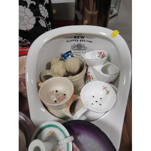 168 - A TRAY OF ASSORTED  CERAMICS TO INCLUDE SHAVING MUGS & ACCESSORIES ETC