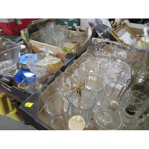 172 - THREE TRAYS OF ASSORTED GLASSWARE TO INCLUDE ENAMEL DRESSING TABLE ITEMS AND A MINIATURE WATERFORD C... 