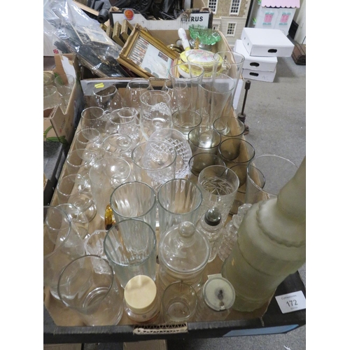 172 - THREE TRAYS OF ASSORTED GLASSWARE TO INCLUDE ENAMEL DRESSING TABLE ITEMS AND A MINIATURE WATERFORD C... 