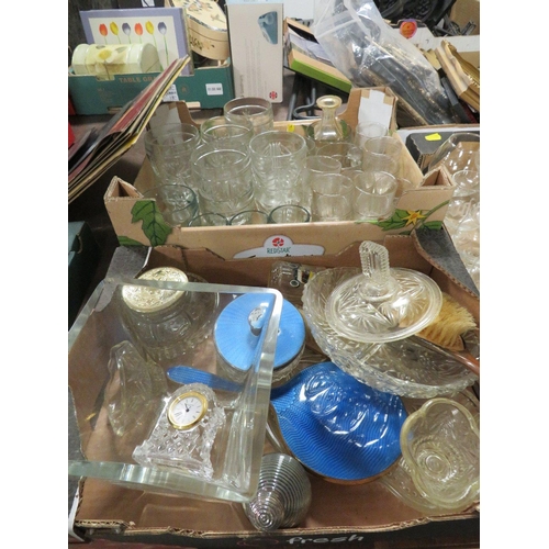 172 - THREE TRAYS OF ASSORTED GLASSWARE TO INCLUDE ENAMEL DRESSING TABLE ITEMS AND A MINIATURE WATERFORD C... 