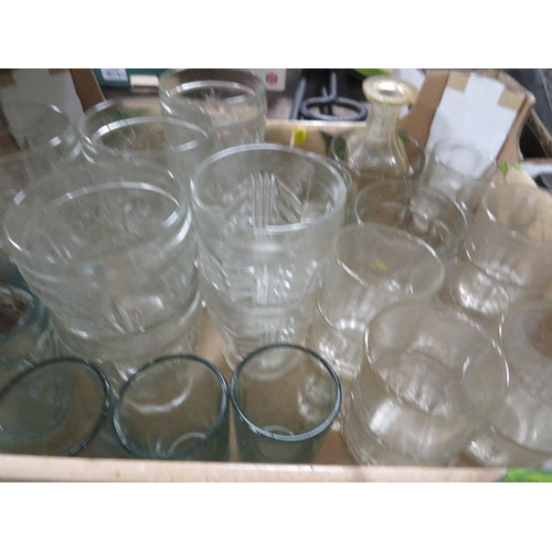 172 - THREE TRAYS OF ASSORTED GLASSWARE TO INCLUDE ENAMEL DRESSING TABLE ITEMS AND A MINIATURE WATERFORD C... 