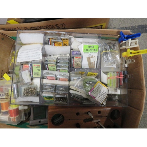 176 - FOUR TRAYS OF FISHING, FLY TYING EQUIPMENT, ACCESSORIES ETC